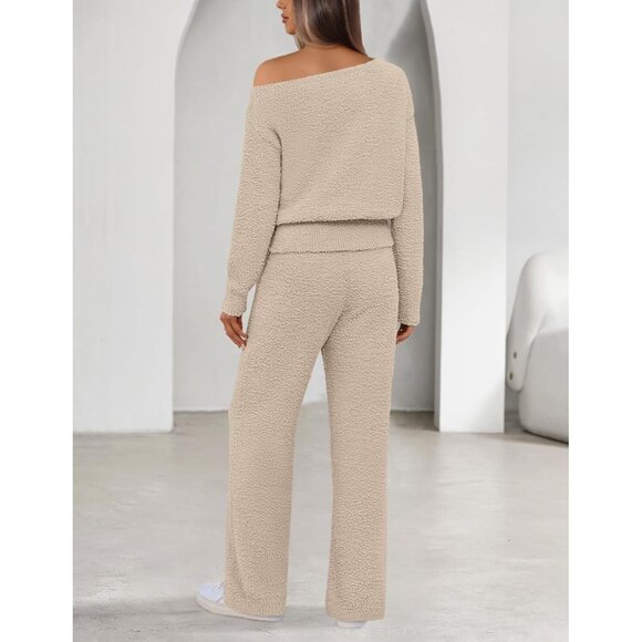 Women's Fuzzy Fleece Pajama Set Off-Shoulder Sweater & Wide Leg Pants - Picture 4 of 8